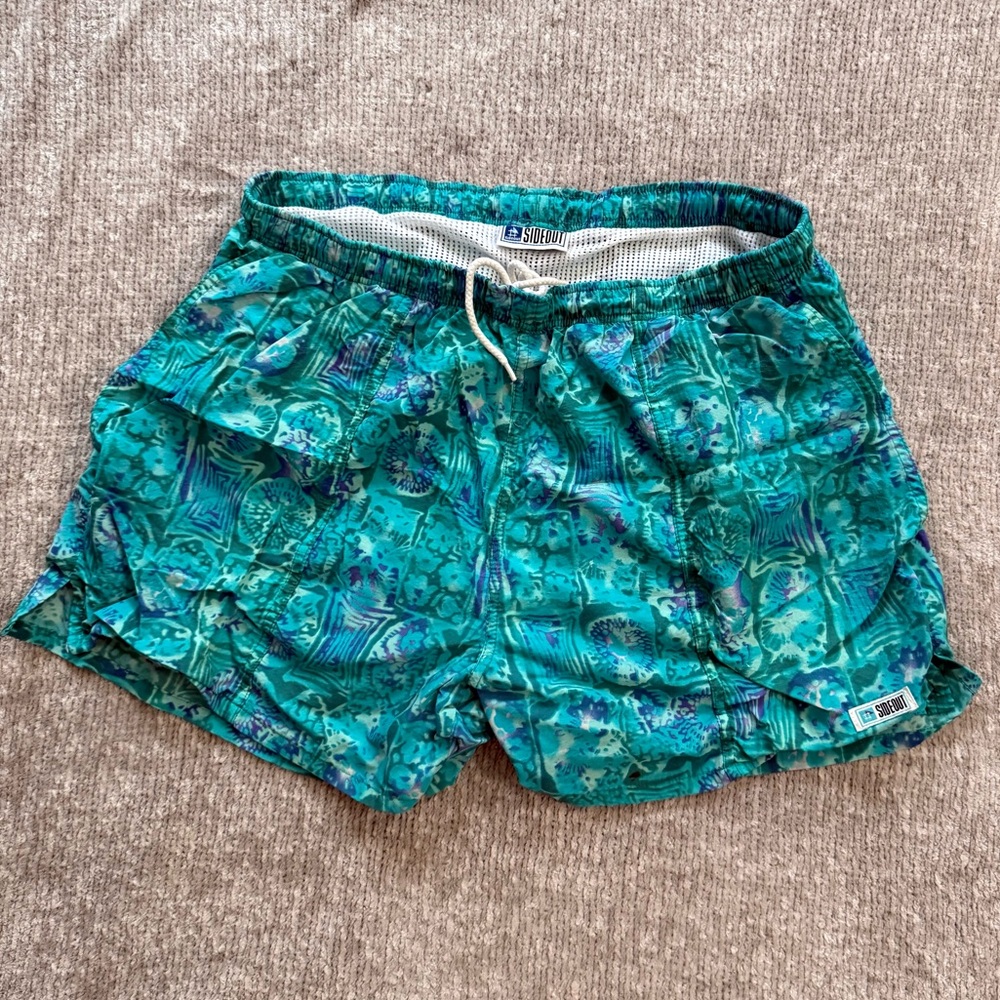 Vintage 90s Sideout Swim Trunks Teal Print Short Inseam Made In USA L